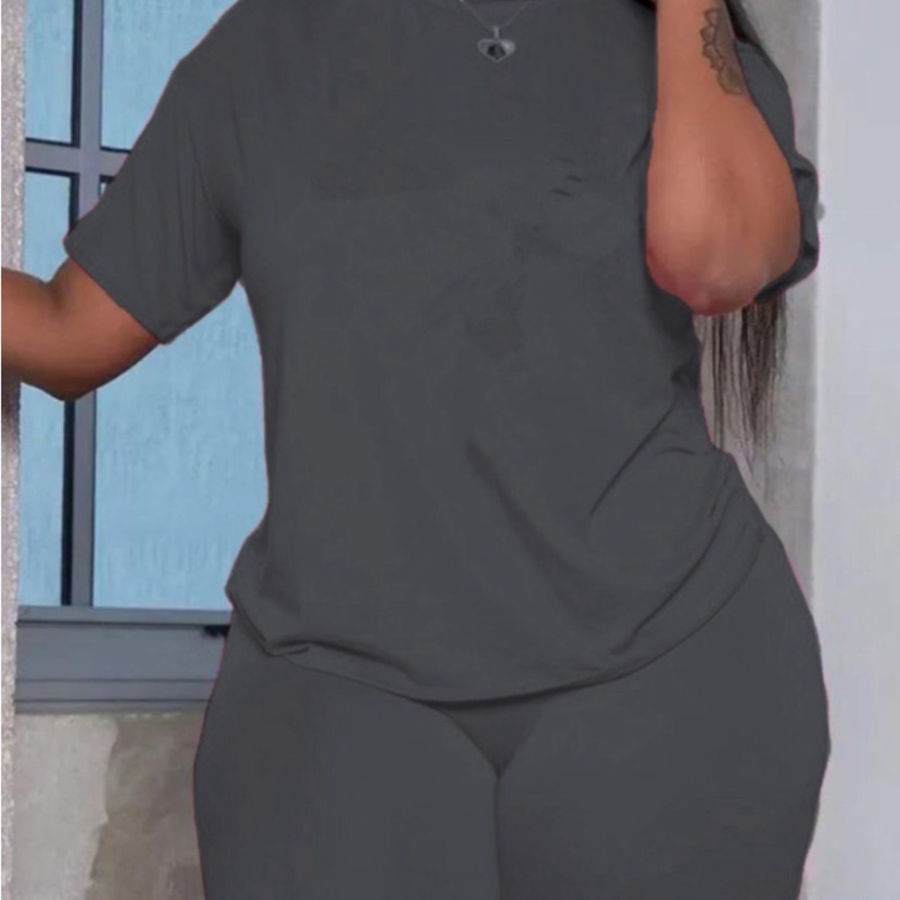 Two piece, dark, gray, basic top and bottom